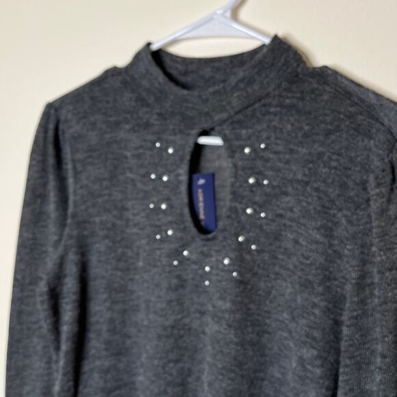 Adrienne Vittadini Sweater Small Rhinestone Keyhole Mock Neck Women's Gray NWT - Picture 2 of 8